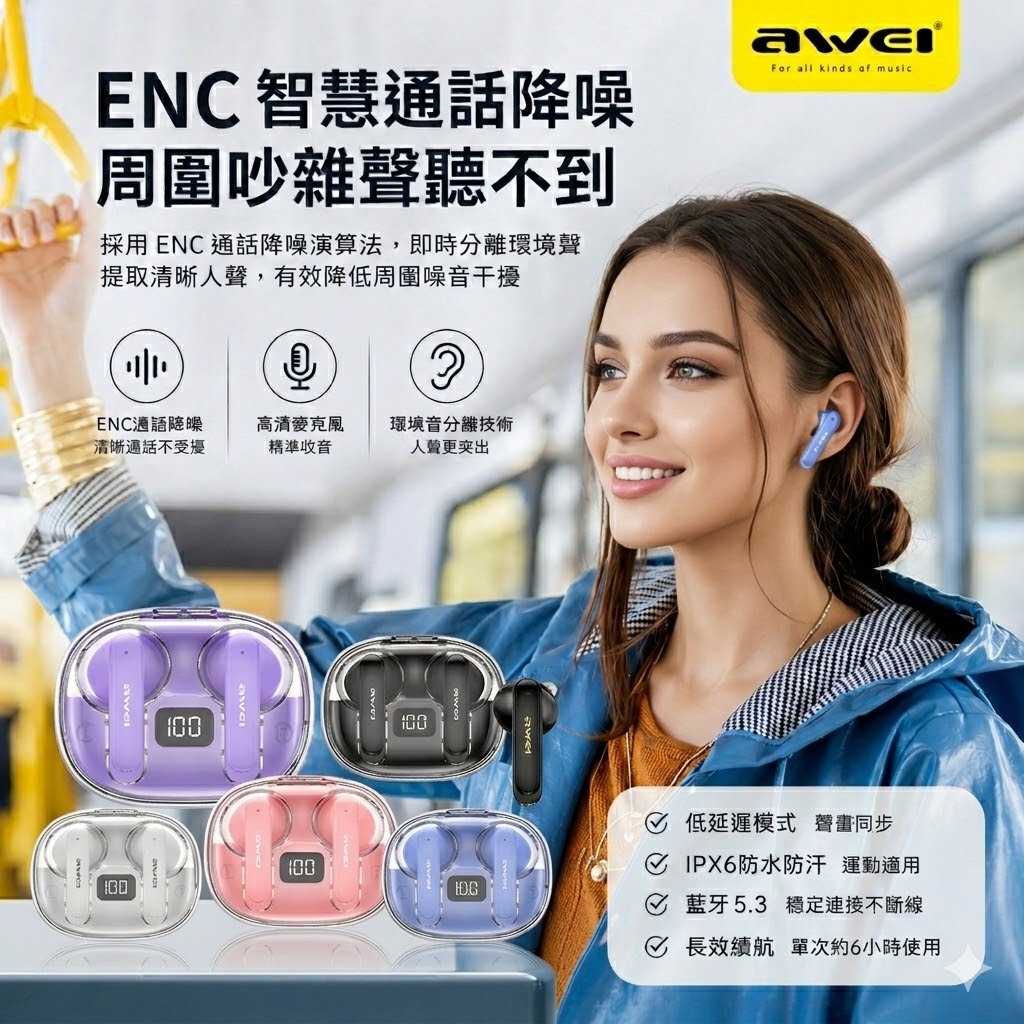 贈送線 AWEI T86S TWS降噪遊戲真藍牙耳機 IPX6防水防汗 ENC抗噪 TWS耳機 通話抗噪 入耳式