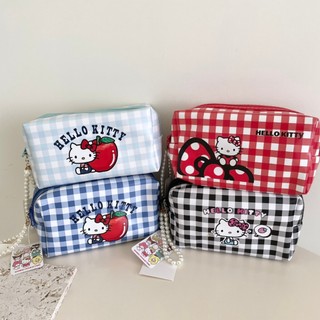 🇰🇷 韓國KKOBA 現貨 三麗鷗 Hello Kitty 珍珠掛飾 格紋化妝收納包 化妝包 收納包 防潑水收納化妝包