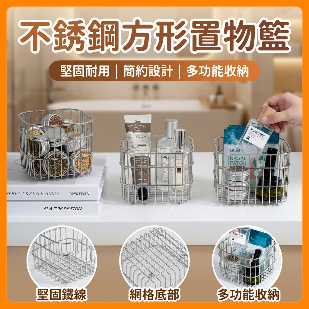 ❤️全網最低價❤️不鏽鋼方形置物籃 304不鏽鋼收納籃 桌面收納架 廚房收納籃 浴室置物籃 化妝品收納盒 網格收納架