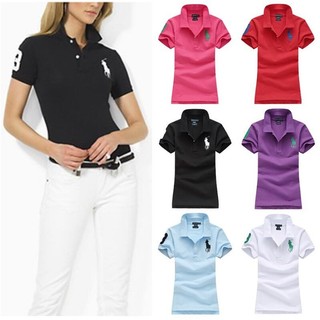 女生 短袖POLO衫 刺繡大馬 素色 POLO衫 翻領短T 網眼純棉