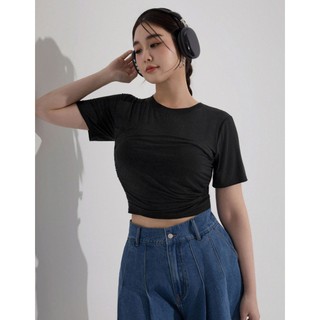 AIR SPACE PLUS 圓領拼接抓皺短袖短版TEE(黑/淺灰) 女裝 現貨 大尺碼 中大尺碼