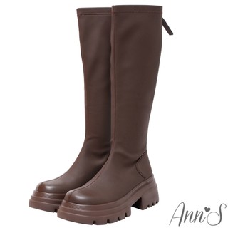 Ann’S防潑水材質-顯瘦100分厚底圓頭及膝長靴5cm-咖(版型偏小)
