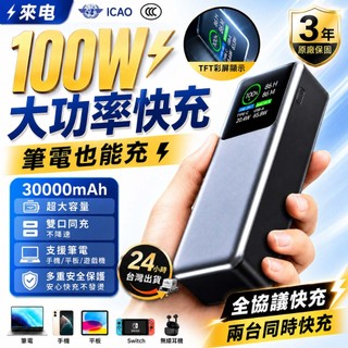 【隔日到貨】行動電源 大容量行充 30000mAh 大功率快充 100w 筆電行充 移動電源 快充 旅充 多設備充電