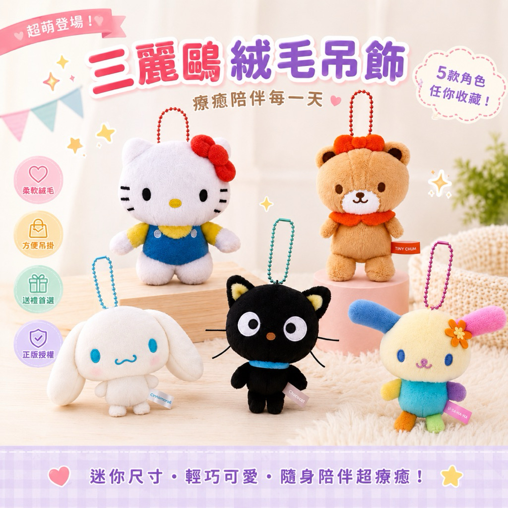 🔥現貨🔥 日本正版 三麗鷗 絨毛玩偶掛飾 珠鏈吊飾 包包掛飾 Kitty Tiny Chum熊 巧克力貓 花小兔 大耳狗
