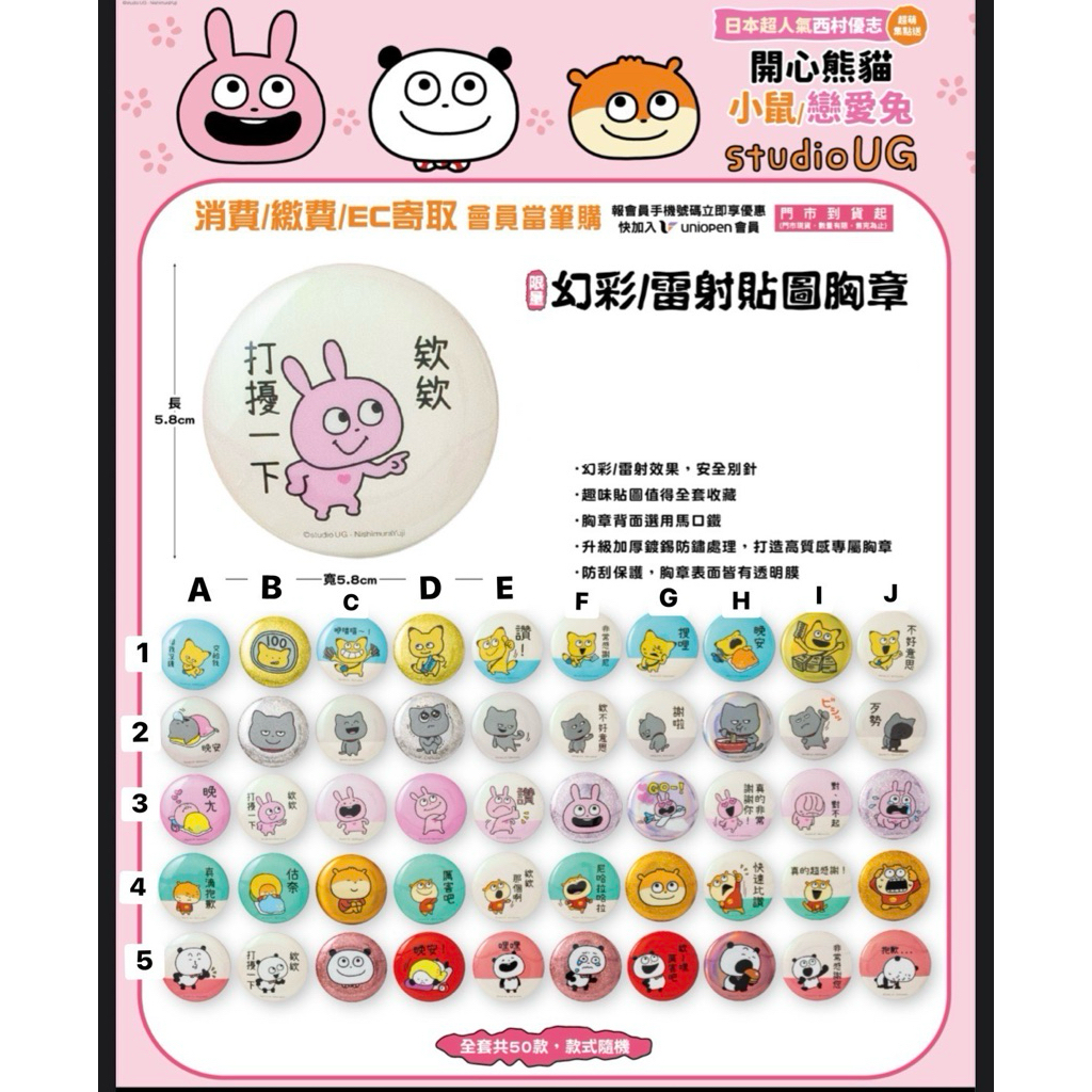 7-11 西村優志開心熊貓 小鼠 戀愛兔 胸章《確認款》