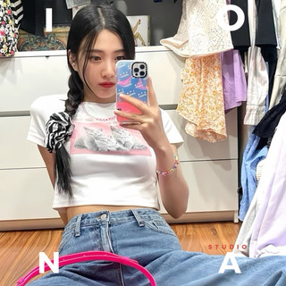 IONA 【現貨⚡️隔日到貨】實拍美式復古 貓咪Baby Tee 顯瘦 緊身短版T 辣妹上衣 高腰露肚 短袖T恤 內搭