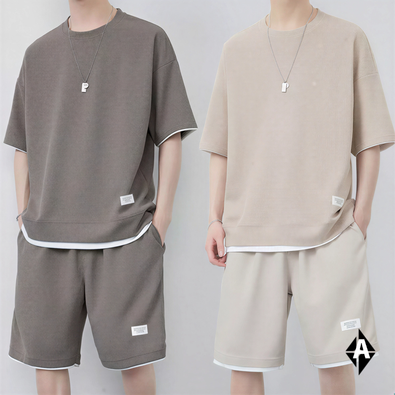 台灣現貨 透氣設計夏季華夫格冰絲短袖套裝 大尺碼5XL 男士運動休閒一套搭配 短褲T恤 華夫格上衣 運動套裝 夏季男裝