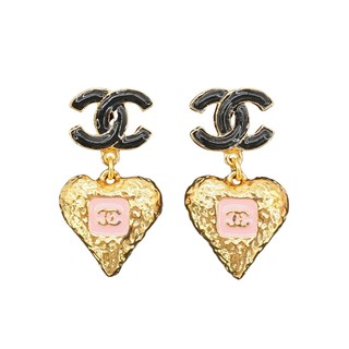 Chanel 展示品 黑雙C logo愛心耳環(粉/金)