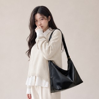 ANNA DOLLY 多層次收納平紋慵懶包 輕量可調長背帶 內建拉鍊中隔層 都會女性質感側背包 黑色