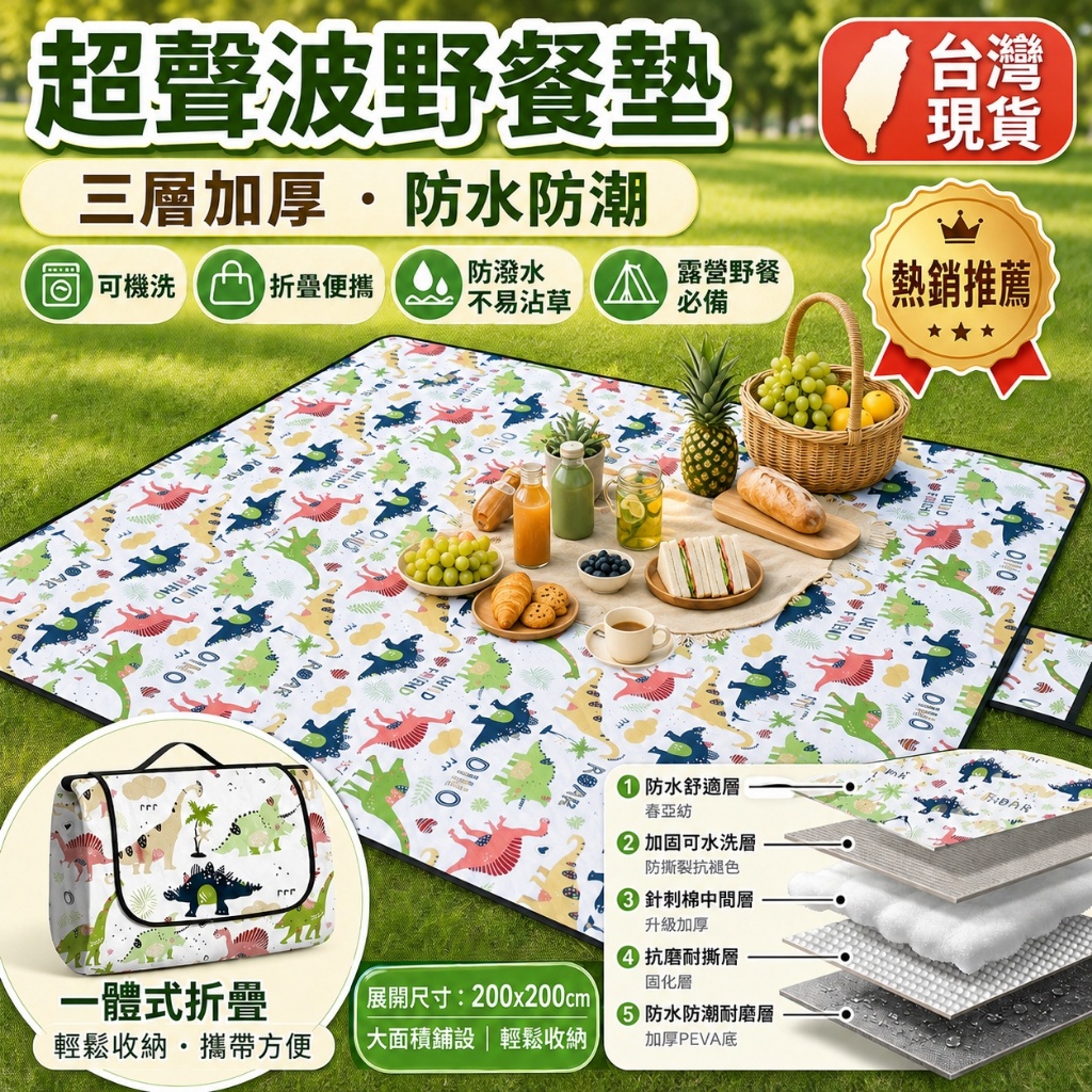 台灣現貨🔥超聲波野餐墊 三層加厚防水防潮 可機洗折疊便攜野餐墊 露營地墊 戶外野餐墊 防潑水草地墊