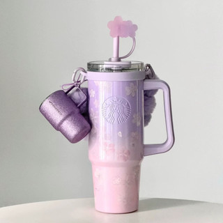 星巴克杯子暮櫻翩翩系列高顏值簡約雙飲口不銹鋼杯配吸管塞及杯型掛件