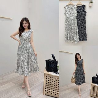 【 La Belle 韓系服飾】俐落幾何圖案無袖收腰洋裝 質感壓褶襬幾何洋裝(台灣現貨)(快速出貨)