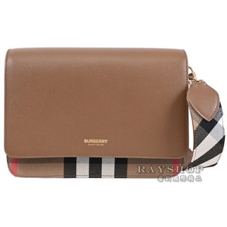 BURBERRY 8084489 Mackford 經典格紋寬背帶翻蓋斜背包.咖