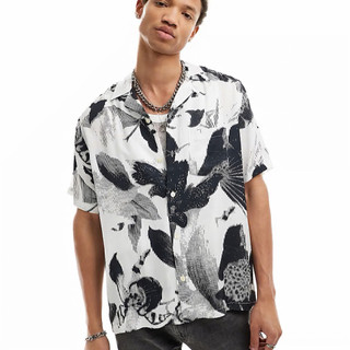 allsaints all saints 古巴領 黑白 花襯衫 花 古巴領襯衫 黑 白 花朵 襯衫 短袖襯衫 夏威夷 男