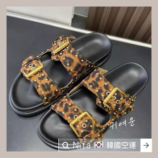 Nita 韓國帶回東大門代購/厚底真皮豹紋鉚釘一字拖鞋女
