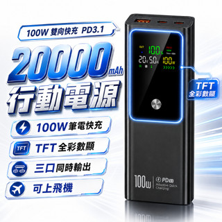大容量行動電源【TFT彩色熒幕】20000mAh 100W 大功率 雙向快充 多設備同時充 快充行動電源 筆電手機通用