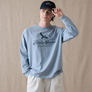 【Eddie Bauer】中性 經典 LOGO 印花長袖圓領上衣-淺藍 E-1TEA-1817