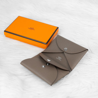 ☆優買二手精品名牌店☆ HERMES CALVI DUO EPSOM 18 大象灰色 名片夾 零錢包 信用卡包 短夾 錢
