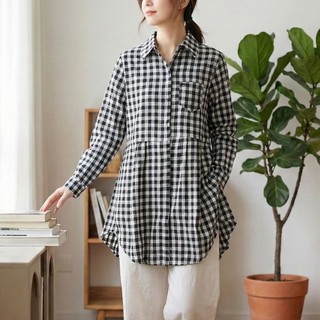 ACheter 棉麻感格紋/素面長袖長版襯衫