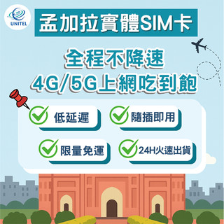 【優一電訊】孟加拉 SIM卡 上網絡卡 網絡卡 不降速喫到飽 即插即用 達卡 吉大港 科克斯巴扎爾 出國必備 熱點分享