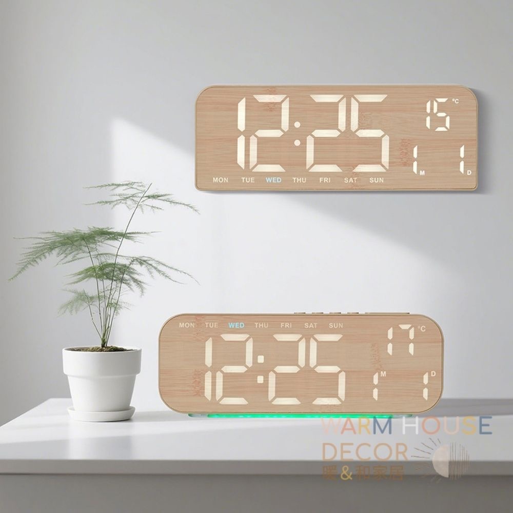 【暖&和家居】創意LED木紋電子鐘 電子鐘 木紋時鐘 智能鬧鐘 床頭鬧鐘 質感木紋鬧鐘 時鐘溫度 學生宿舍鬧鐘 迷你鐘