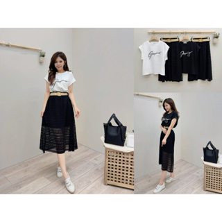 【 La Belle 韓系服飾】零燒腦套裝 釘珠草寫字母上衣+浪漫蕾絲裙套裝 set 附編織皮帶(臺灣現貨)(快速出貨)