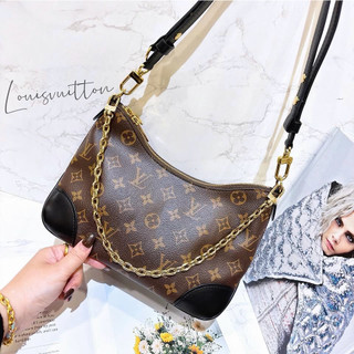 二手旗艦 LOUIS VUITTON LV 字紋 黑色 牛角包 上拉鍊 鍊包 斜背包 側背包 兩用包(中友店)