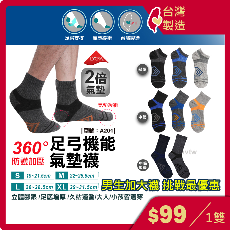 限量優惠-足弓透氣運動襪【台灣製+現貨+發票】毛巾襪/氣墊襪/短襪/裸襪/機能襪/萊卡/型號:A201【FAV】