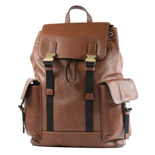 COACH 男款 Clark 鵝卵石紋壓印LOGO插釦翻蓋束口後背包-咖啡色【美國正品現貨】