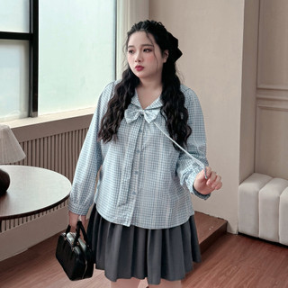 Miss38 藍格紋 Miu系海軍領襯衫【DC8448】(現貨)大尺碼女裝 蝶結裝飾 蕾絲印花 修身遮肉氣質款長袖上衣