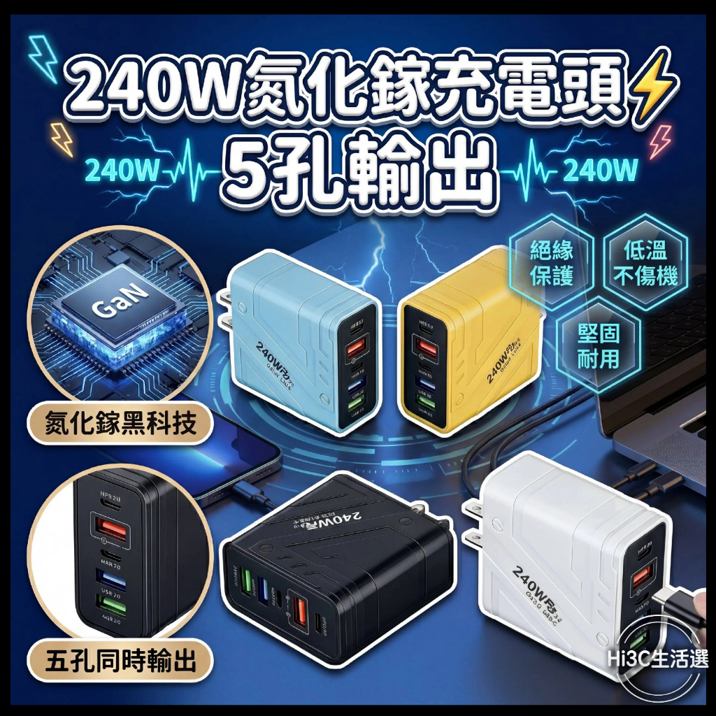 【出門只帶一顆】 240W氮化鎵充電器 PD快充 3A＋2C充電器 手機充電器 多重保護 充電頭 適用蘋果安卓小家電