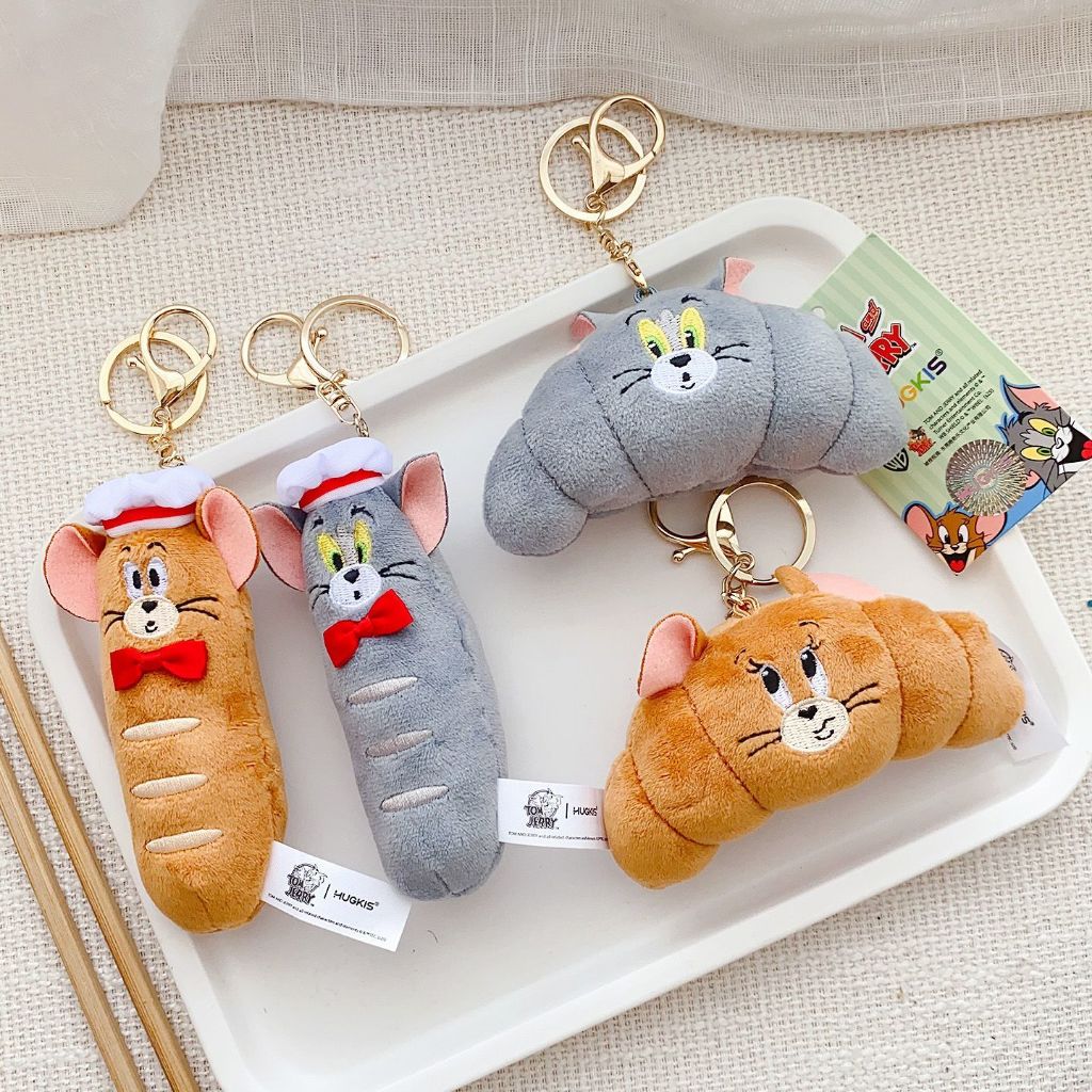 正版 湯姆貓與傑利鼠麵包玩偶鑰匙扣  湯姆貓與傑利鼠挂飾 湯姆貓與傑利鼠牛角包 麵包造型玩偶 可愛吊飾 卡通周邊玩具
