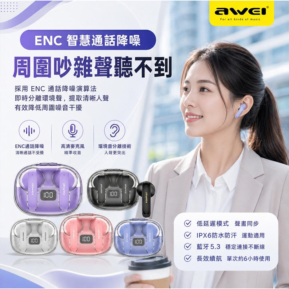 買加送線 AWEI T86S TWS降噪遊戲真藍牙耳機 IPX6防水防汗 ENC抗噪 TWS耳機 通話抗噪 入耳式