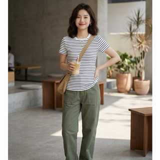 98）優衣庫 UNIQLO 條紋圓領羅紋上衣 - 親膚棉質混紡 S號
