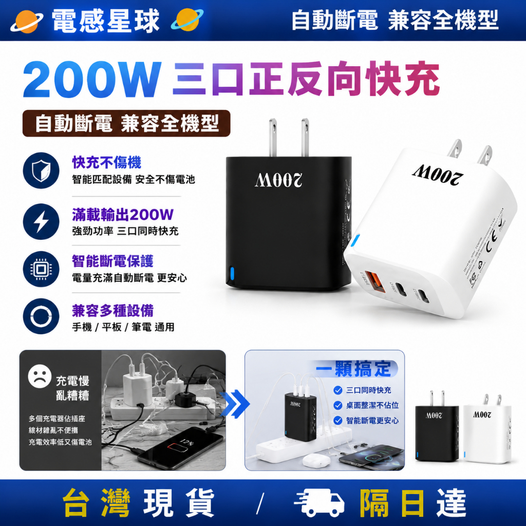 ⚡現貨隔日配⚡【智能溫控+斷電】200W氮化鎵充電器 充電頭 多口type-c USB 快充頭 快充組 充電器 充電頭