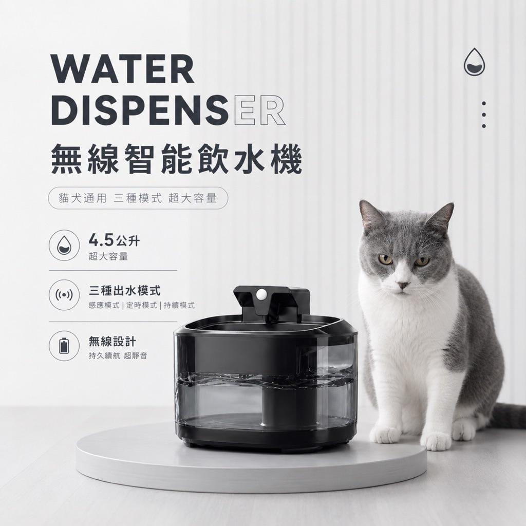【Hey!Master】無線寵物飲水機 4.5L 大容量 高續航力 感應出水 靜音 貓咪飲水機 自動餵水器 活水機