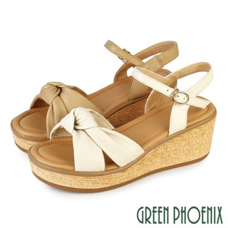【GREEN PHOENIX 波兒德】女 楔型涼鞋 厚底涼鞋 真皮 透氣 輕量 扭結 木紋 春夏U11-20548