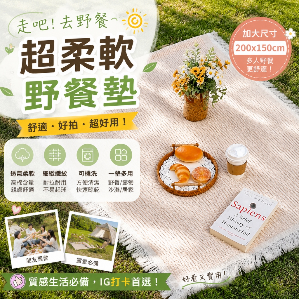 現貨💥法式文藝野餐墊 雙面加厚戶外露營布 桌布 沙發布 拍照網紅野餐布 多用途編織桌巾 沙發蓋毯