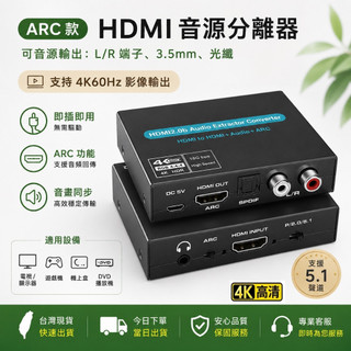 🌟現貨今日出🌟 ARC 分離器 L/R音源 HDMI 2.0 4K 60Hz SPDIF 光纖 5.1 音訊 3.5MM