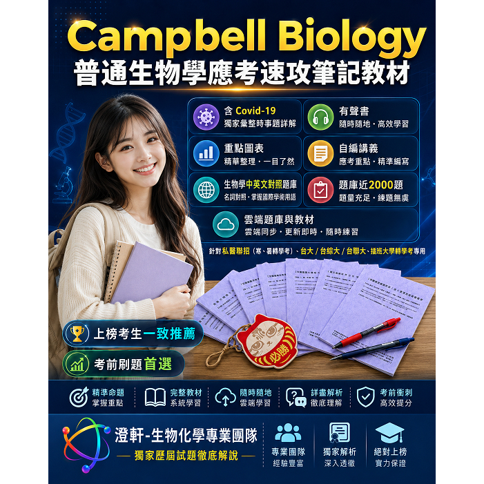 🔥【2026年版 - Campbell Biology普通生物學應考速攻筆記教材 (含Covid-19獨家彙整時事題詳解 + 有聲書 + 重點圖表 + 自編講義 + 生物學中英文對照題庫 (題庫近2000題 + 雲端題庫與教材】- 針對「私醫聯招 (寒、暑轉學考)、台大 / 台綜大 / 台聯大、插班大學轉學考」專用