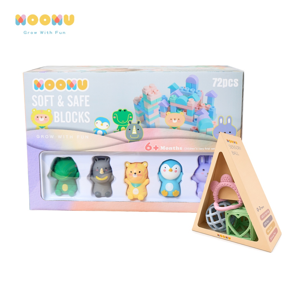 現貨【MOOMU】寶寶啟蒙遊戲組 | 感官球三件組 + 香草軟積木 72p + 5 公仔 (感統/無毒/彌月禮)