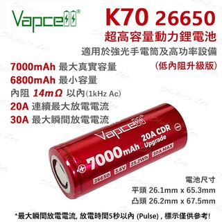 Soshine Vapcell 26650 5400mAh 20A 7000mAh 動力鋰電池 適用電動工具大功率手電筒