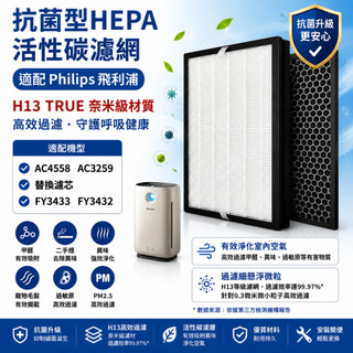 適用PHILIPS飛利浦4500i AC4558 AC3259空氣清機濾網組HEPA+活性碳FY3433+FY3432