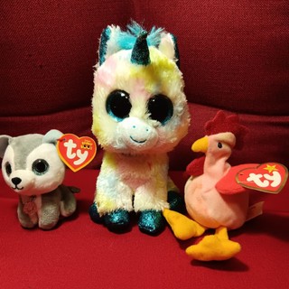 三隻合售 均ty 獨角獸玩偶 ＆ 公雞玩偶 ＆ Beanie Boos 狗 填充玩具 毛絨玩具 擺飾