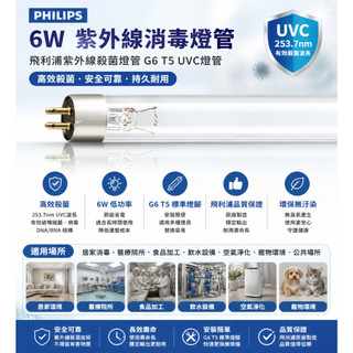 6W 紫外線消毒燈管 飛利浦紫外線殺菌燈管 G6 T5 UVC燈管 居家必備