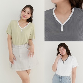【PolyLulu】 簡約V領撞色坑條TEE