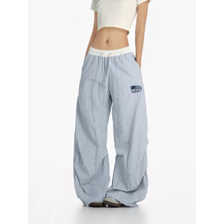 Vertex嘉義｜Pinstripe Draped Wide Pants 格紋垂墜寬鬆長褲 薄款 鬆緊腰圍 抽繩 長褲