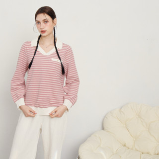 【MASTINA】POLO V領圈圈紗條紋長袖T 黑 粉(魅力商品)