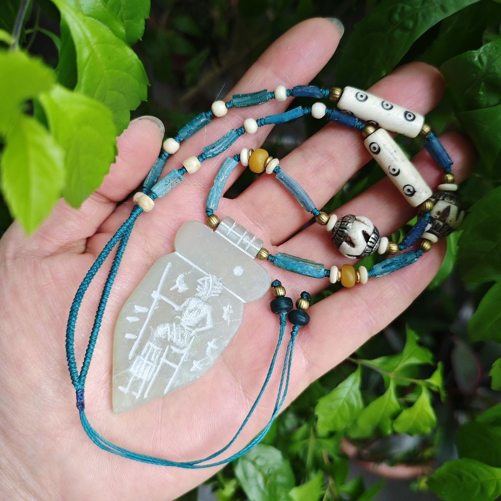 ☬ Nur gems ⁠☬亞述風格太陽神沙馬什 (Shamash) 阿富汗地方玉搭配琉璃牛骨珠項鍊