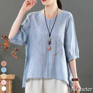 ACheter 閨秀貴族刺繡顯瘦V領寬鬆棉麻上衣